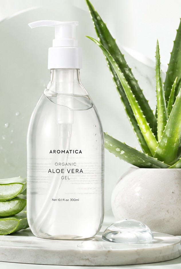 Gel d'aloe vera cosmétique, texture et flacon AROMATICA