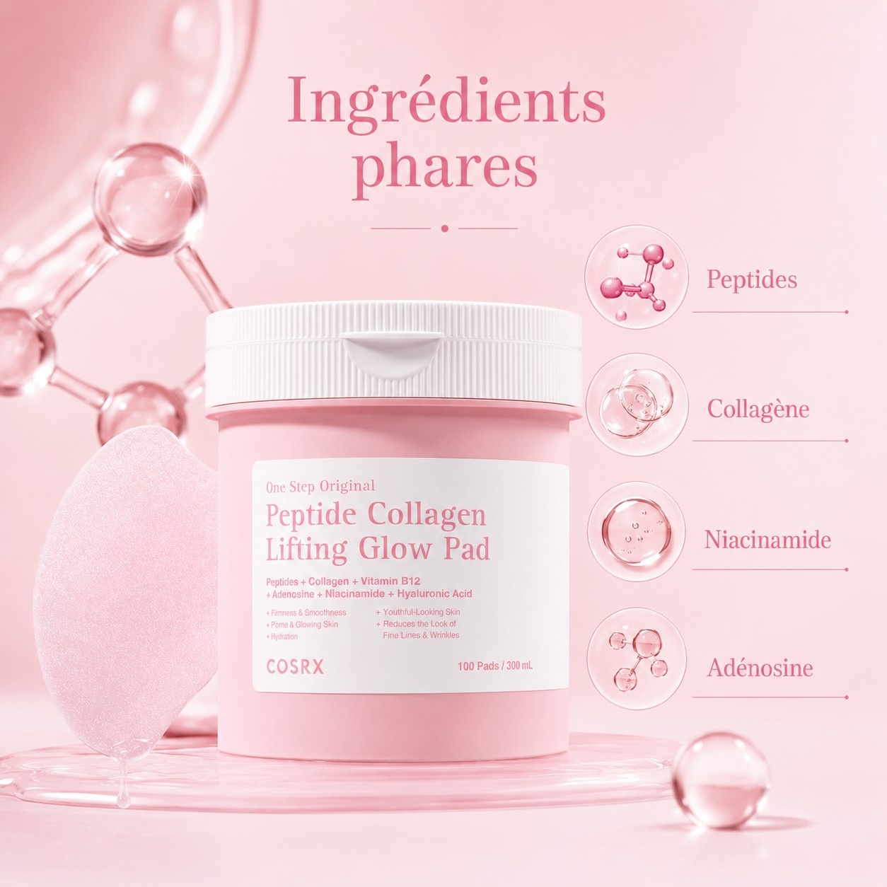 COSRX Peptide Collagen Lifting Glow Pad - ingrédients phares : peptides, collagène, niacinamide, adénosine